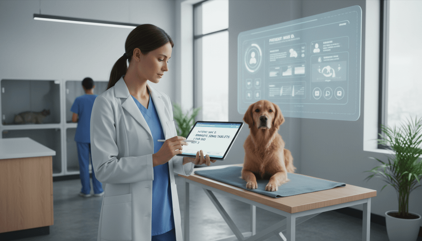 Veterinarian reviewing prescription records on tablet in modern clinic