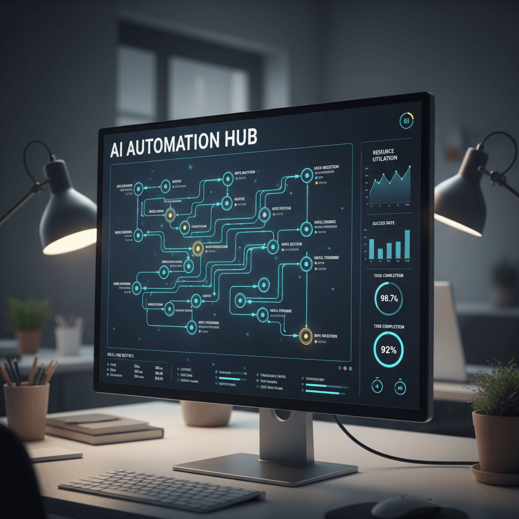 Computer monitor displaying complex AI workflow automation interface with interconnected process nodes and metrics