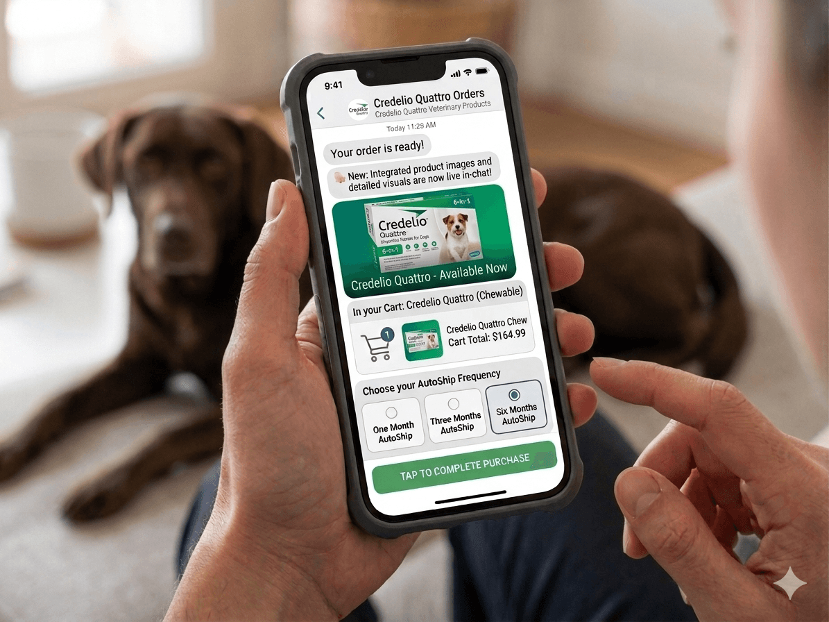 Smartphone displaying a Credelio Quattro pet medication order with a dog in the background.
