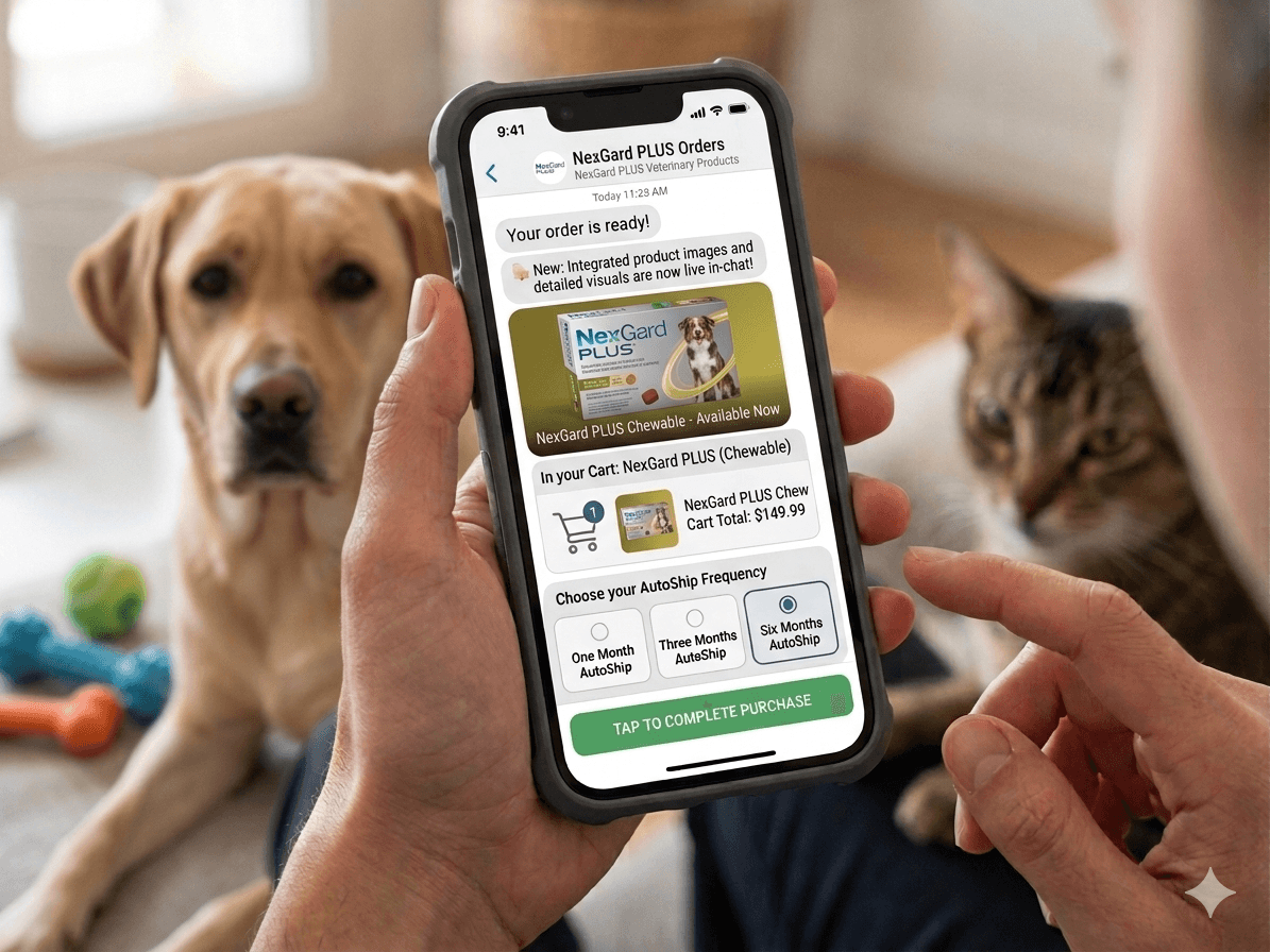 Person ordering NexGard PLUS on a smartphone with a dog and cat in the background.