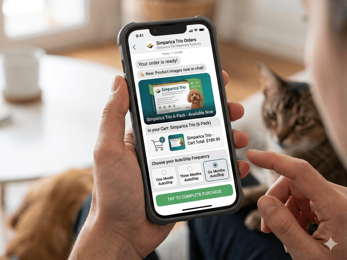 Hands holding a smartphone displaying a Simparica Trio pet medication order with AutoShip frequency options.