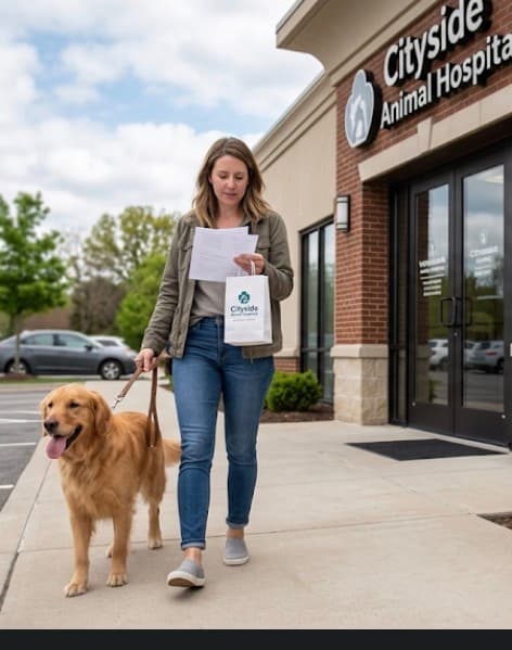 Woman walks golden retriever outside Cityside Animal Hospital, holding papers and a small white bag.